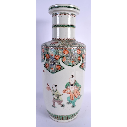 1657 - A LARGE 19TH CENTURY CHINESE FAMILLE VERTE PORCELAIN ROUEAU VASE Kangxi style. 46 cm x 13 cm.