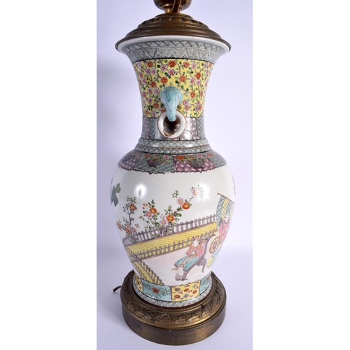 1660 - A LARGE 19TH CENTURY JAPANESE MEIJI PERIOD FAMILLE ROSE TYPE VASE converted to a lamp, painted with ... 