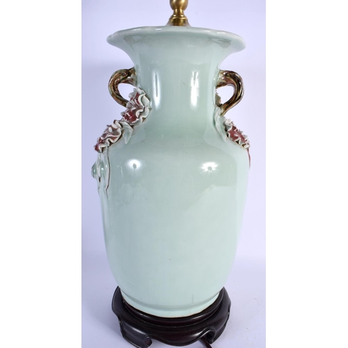 1664 - A LARGE 19TH CENTURY CHINESE TWIN HANDLED CELADON VASE converted to a lamp. 64 cm high overall.