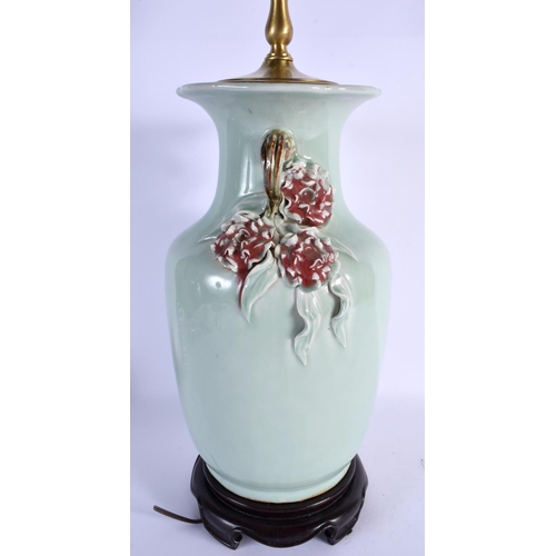 1664 - A LARGE 19TH CENTURY CHINESE TWIN HANDLED CELADON VASE converted to a lamp. 64 cm high overall.