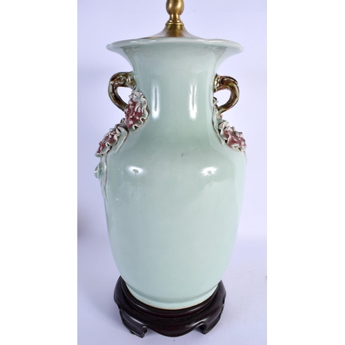 1664 - A LARGE 19TH CENTURY CHINESE TWIN HANDLED CELADON VASE converted to a lamp. 64 cm high overall.