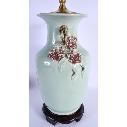 1664 - A LARGE 19TH CENTURY CHINESE TWIN HANDLED CELADON VASE converted to a lamp. 64 cm high overall.