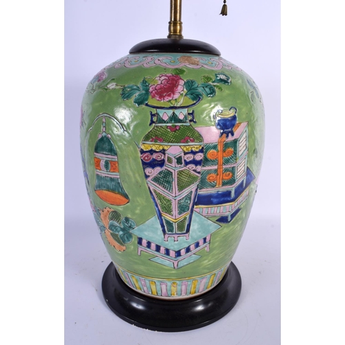 1665 - A LARGE EARLY 20TH CENTURY CHINESE FAMILLE ROSE GREEN GLAZED VASE converted to a lamp. 55 cm high.