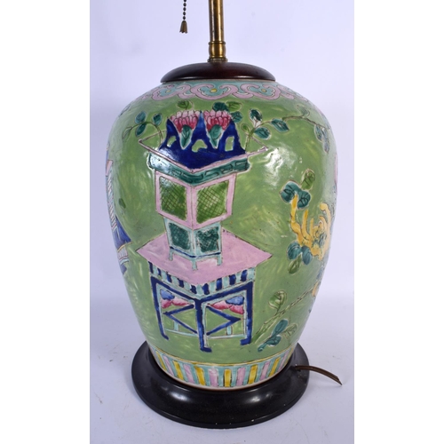 1665 - A LARGE EARLY 20TH CENTURY CHINESE FAMILLE ROSE GREEN GLAZED VASE converted to a lamp. 55 cm high.