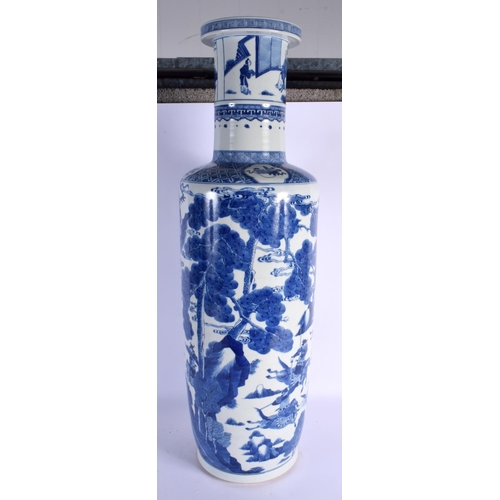 1668 - A VERY LARGE CHINESE BLUE AND WHITE PORCELAIN ROULEAU VASE probably 19th century, bearing Kangxi mar... 