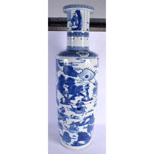 1668 - A VERY LARGE CHINESE BLUE AND WHITE PORCELAIN ROULEAU VASE probably 19th century, bearing Kangxi mar... 