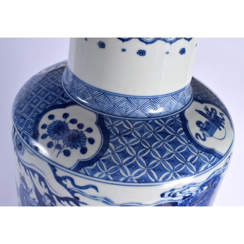 1668 - A VERY LARGE CHINESE BLUE AND WHITE PORCELAIN ROULEAU VASE probably 19th century, bearing Kangxi mar... 