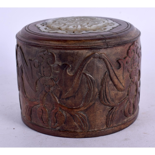 1672 - A RARE 19TH CENTURY CHINESE HARDWOOD AND JADE COVER Qing, decorated with bats. 7 cm x 6 cm.