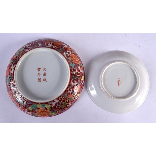 1681 - A FINE EARLY 20TH CENTURY CHINESE RUBY GROUND FALANCAI TYPE SAUCER Late Qing/Republic, together with... 