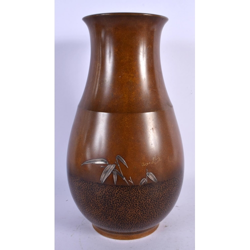 1686 - A 19TH CENTURY JAPANESE MEIJI PERIOD BRONZE VASE silver inlaid with bamboo. 25 cm x 12 cm.