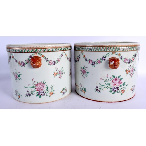 1687 - A LARGE PAIR OF 18TH CENTURY CHINESE EXPORT FAMILLE ROSE JARDINIERES Qianlong. 20 cm x 17 cm.