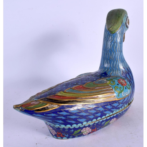 1693 - EARLY 20TH CENTURY CHINESE CLOISONNE ENAMEL DUCK BOX AND COVER Late Qing/Republic. 25 cm x 18 cm.