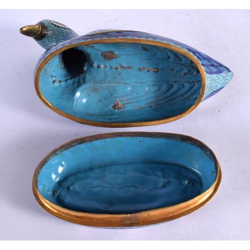 1693 - EARLY 20TH CENTURY CHINESE CLOISONNE ENAMEL DUCK BOX AND COVER Late Qing/Republic. 25 cm x 18 cm.