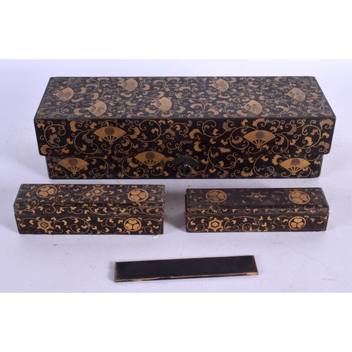 1709 - THREE 19TH CENTURY JAPANESE MEIJI PERIOD GOLD LACQUERED BOXES. Largest 22 cm x 8 cm. (3)