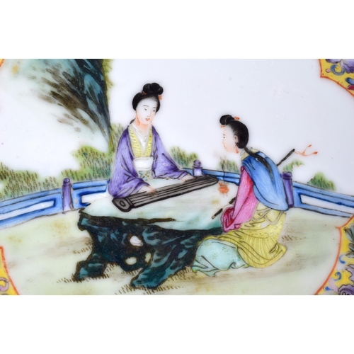 1720 - A PAIR OF CHINESE REPUBLICAN PERIOD FAMILLE ROSE DISHES painted with figures. 20 cm diameter.