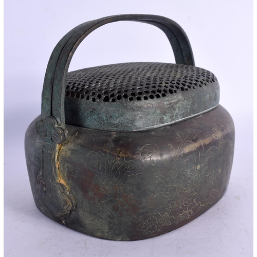 1723 - A 19TH CENTURY CHINESE BRONZE HAND WARMER AND COVER Late Qing. 14 cm x 12 cm.