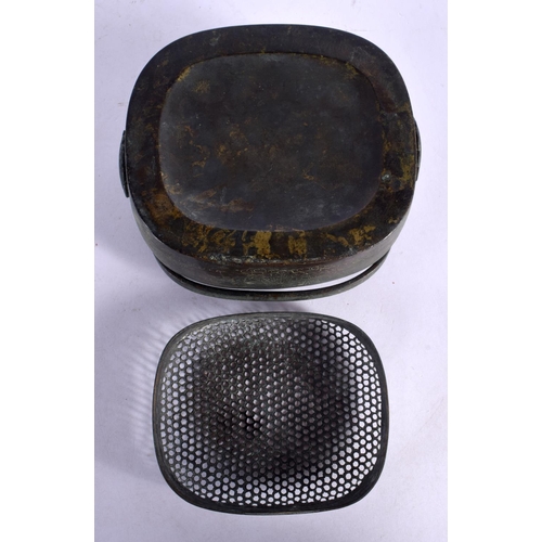 1723 - A 19TH CENTURY CHINESE BRONZE HAND WARMER AND COVER Late Qing. 14 cm x 12 cm.