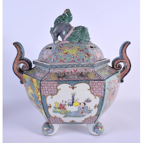 1736 - A LARGE 19TH CENTURY JAPANESE MEIJI PERIOD TWIN HANDLED CENSER AND COVER painted with figures and dr... 