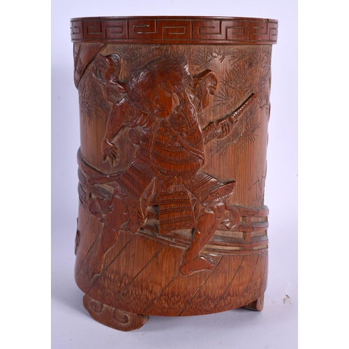 1744 - A FINE 19TH CENTURY JAPANESE MEIJI PERIOD CARVED BAMBOO BRUSH POT decorated with samurai fighting. 1... 