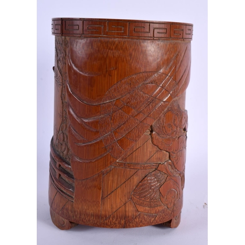 1744 - A FINE 19TH CENTURY JAPANESE MEIJI PERIOD CARVED BAMBOO BRUSH POT decorated with samurai fighting. 1... 