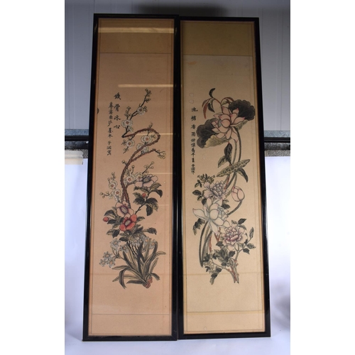 1750 - Chinese School (C1910) Pair, Watercolours, Flowers. 128 cm x 32 cm.