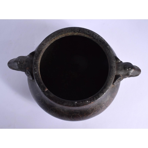 1757 - AN EARLY 20TH CENTURY CHINESE SILVER INLAID BRONZE CENSER Late Qing/Republic. 21 cm wide.