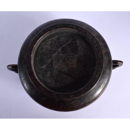 1757 - AN EARLY 20TH CENTURY CHINESE SILVER INLAID BRONZE CENSER Late Qing/Republic. 21 cm wide.