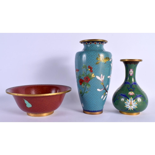 1763 - THREE CHINESE CLOISONNE ENAMEL WARES 20th Century. Largest 18 cm high. (3)