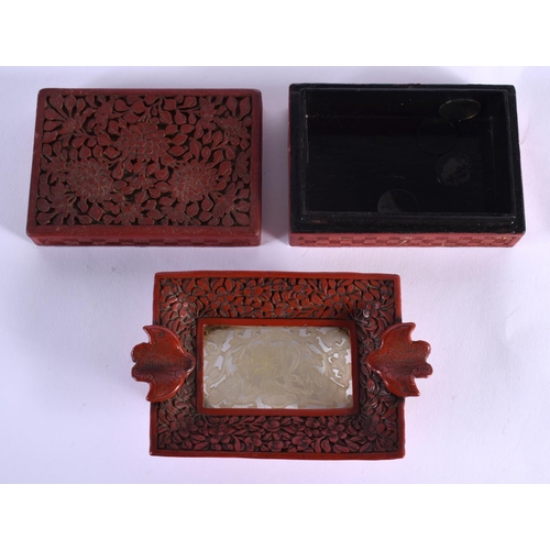 1764 - A 19TH CENTURY CHINESE CARVED CINNABAR LACQUER AND JADE DISH etc. Largest 11 cm wide. (4)