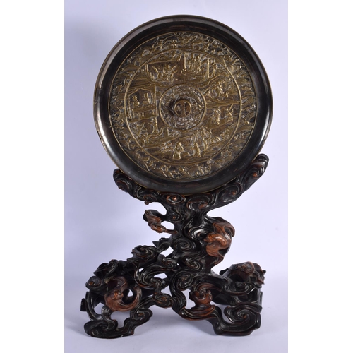 1778 - A RARE LARGE 19TH CENTURY CHINESE HONGMU AND BRONZE SCHOLARS MIRROR Qing. 50 cm x 30 cm.