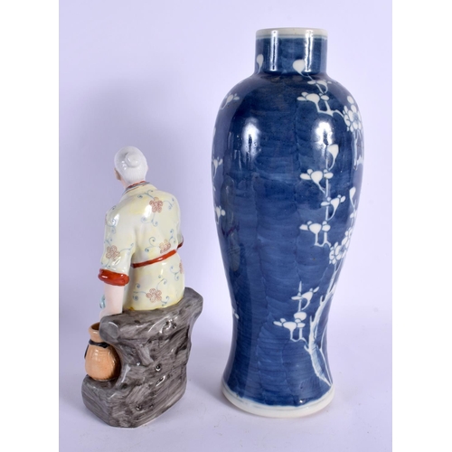 1786 - A LARGE 19TH CENTURY CHINESE BLUE AND WHITE PORCELAIN PRUNUS VASE Kangxi style, together with a figu... 