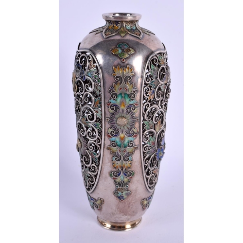 1803 - A FINE 19TH CENTURY JAPANESE MEIJI PERIOD SILVER AND ENAMEL RETICULATED VASE in the manner of Hirats... 