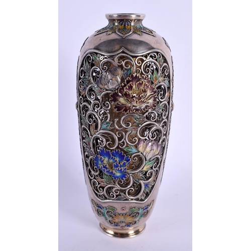 1803 - A FINE 19TH CENTURY JAPANESE MEIJI PERIOD SILVER AND ENAMEL RETICULATED VASE in the manner of Hirats... 