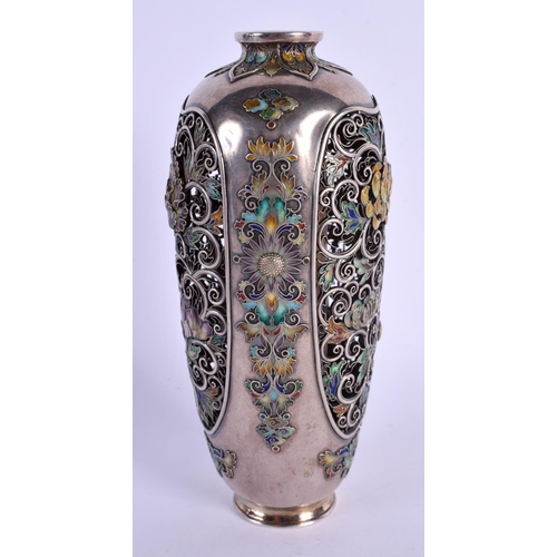 1803 - A FINE 19TH CENTURY JAPANESE MEIJI PERIOD SILVER AND ENAMEL RETICULATED VASE in the manner of Hirats... 