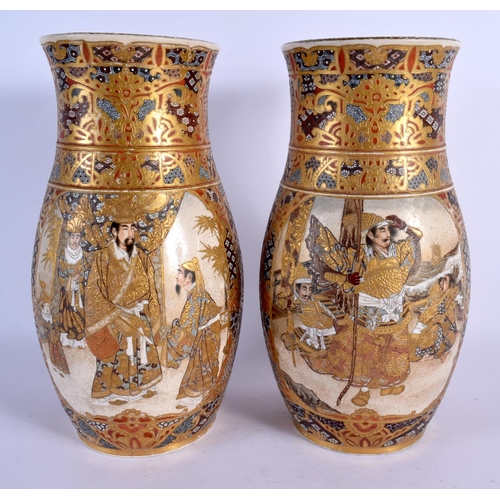 1813 - A LARGE PAIR OF 19TH CENTURY JAPANESE MEIJI SATSUMA VASES painted with figures. 30 cm high.