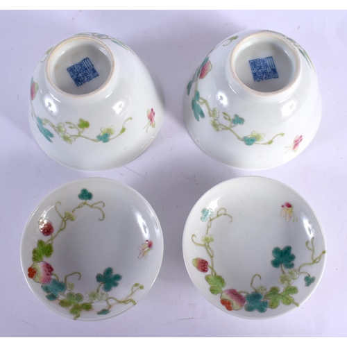 1820 - A PAIR OF CHINESE FAMILLE ROSE BOWLS AND COVERS 20th Century, painted with fruits. 10 cm x 9 cm.