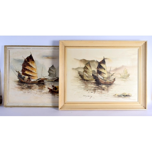 2138 - Chinese School (C1950) Pair, Boats, Oil on canvas. Largest 73 cm x 50 cm.