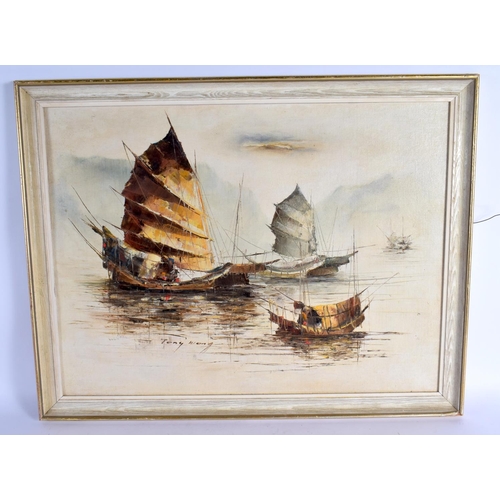 2138 - Chinese School (C1950) Pair, Boats, Oil on canvas. Largest 73 cm x 50 cm.