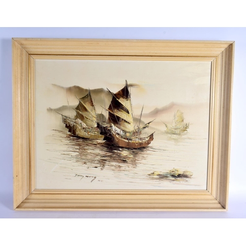 2138 - Chinese School (C1950) Pair, Boats, Oil on canvas. Largest 73 cm x 50 cm.