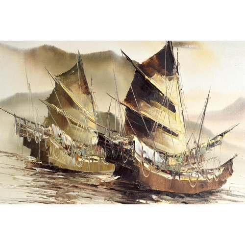 2138 - Chinese School (C1950) Pair, Boats, Oil on canvas. Largest 73 cm x 50 cm.