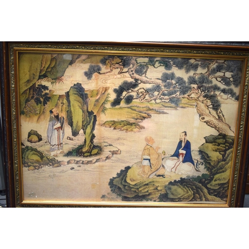 2142 - Chinese School (19th Century) Watercolour, Three figures in a landscape. 100 cm x 68 cm.