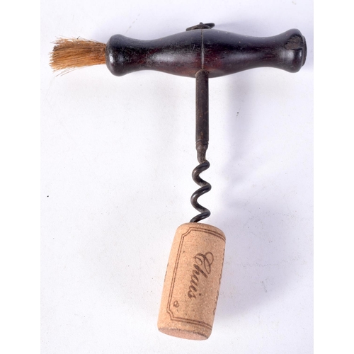 3061 - A 19th century corkscrew with brush together with another wooden handled corkscrew (2)