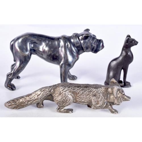 3073 - A small cast metal model of a Bull dog together with a small bronze cat and model of a fox 6.5 x 11 ... 