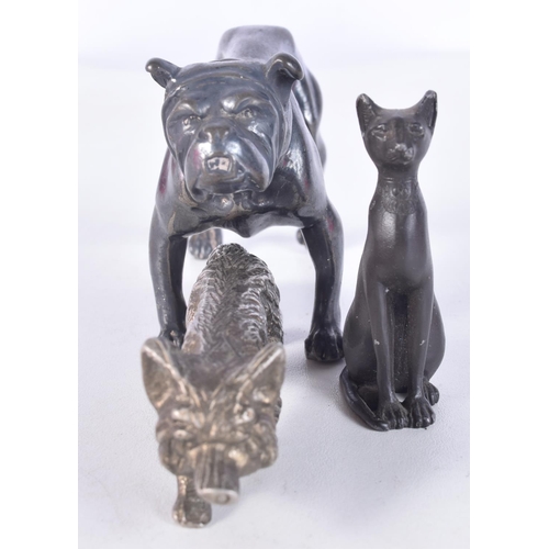 3073 - A small cast metal model of a Bull dog together with a small bronze cat and model of a fox 6.5 x 11 ... 