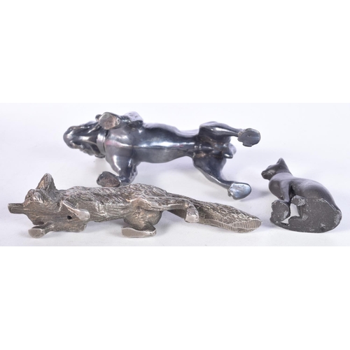 3073 - A small cast metal model of a Bull dog together with a small bronze cat and model of a fox 6.5 x 11 ... 