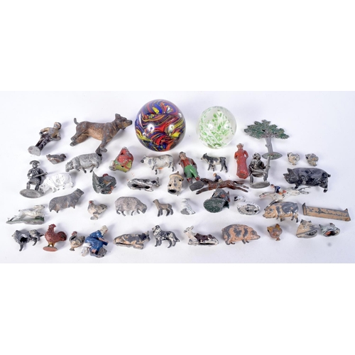 3082 - A collection of metal animals and figures together with two paperweights  . Largest 9 cm