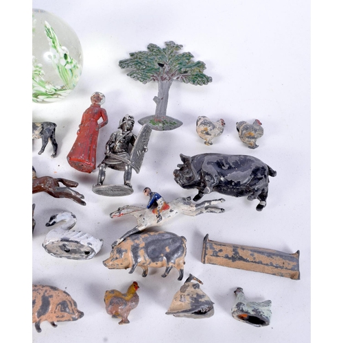 3082 - A collection of metal animals and figures together with two paperweights  . Largest 9 cm