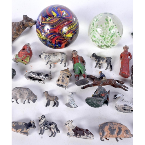 3082 - A collection of metal animals and figures together with two paperweights  . Largest 9 cm