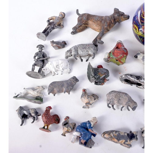 3082 - A collection of metal animals and figures together with two paperweights  . Largest 9 cm