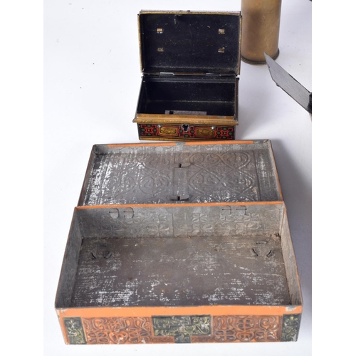 3097 - A collection of vintage metal cash boxes, trench art lighter and brass military shell casings larges... 